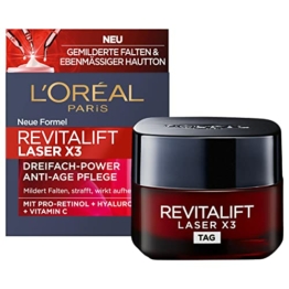 L'Oréal Paris Tagespflege, Straffende und aufpolsternde Anti-Aging Gesichtspflege mit 3-fach Wirkung, Mit Hyaluronsäure, Vitamin C und Pro-Retinol, Revitalift Laser X3, 50 ml - 1